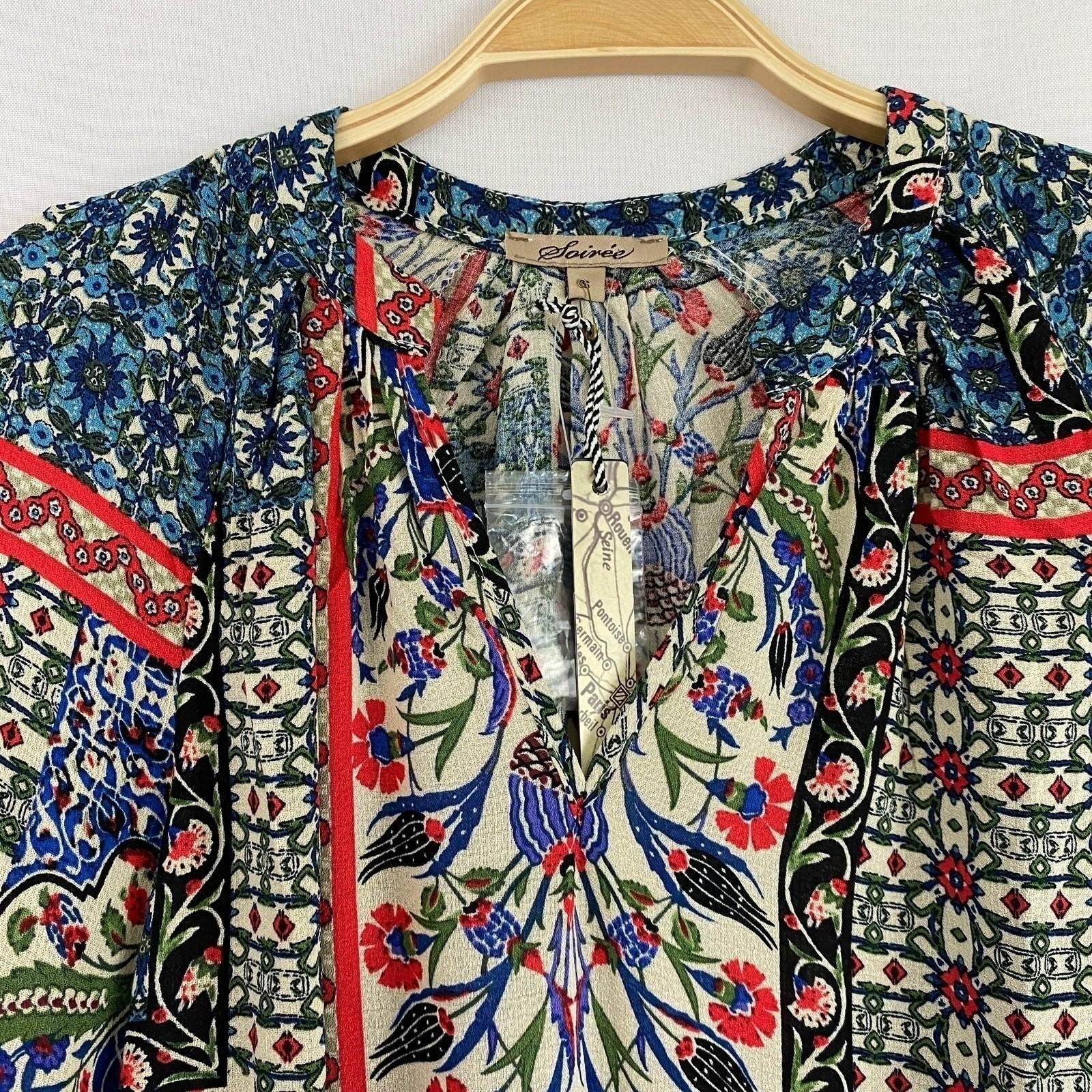 Soiree Boho Patchwork Blouse Women Size S Multicolor Puff Sleeve Cottagecore Nwt — image 4 of 8